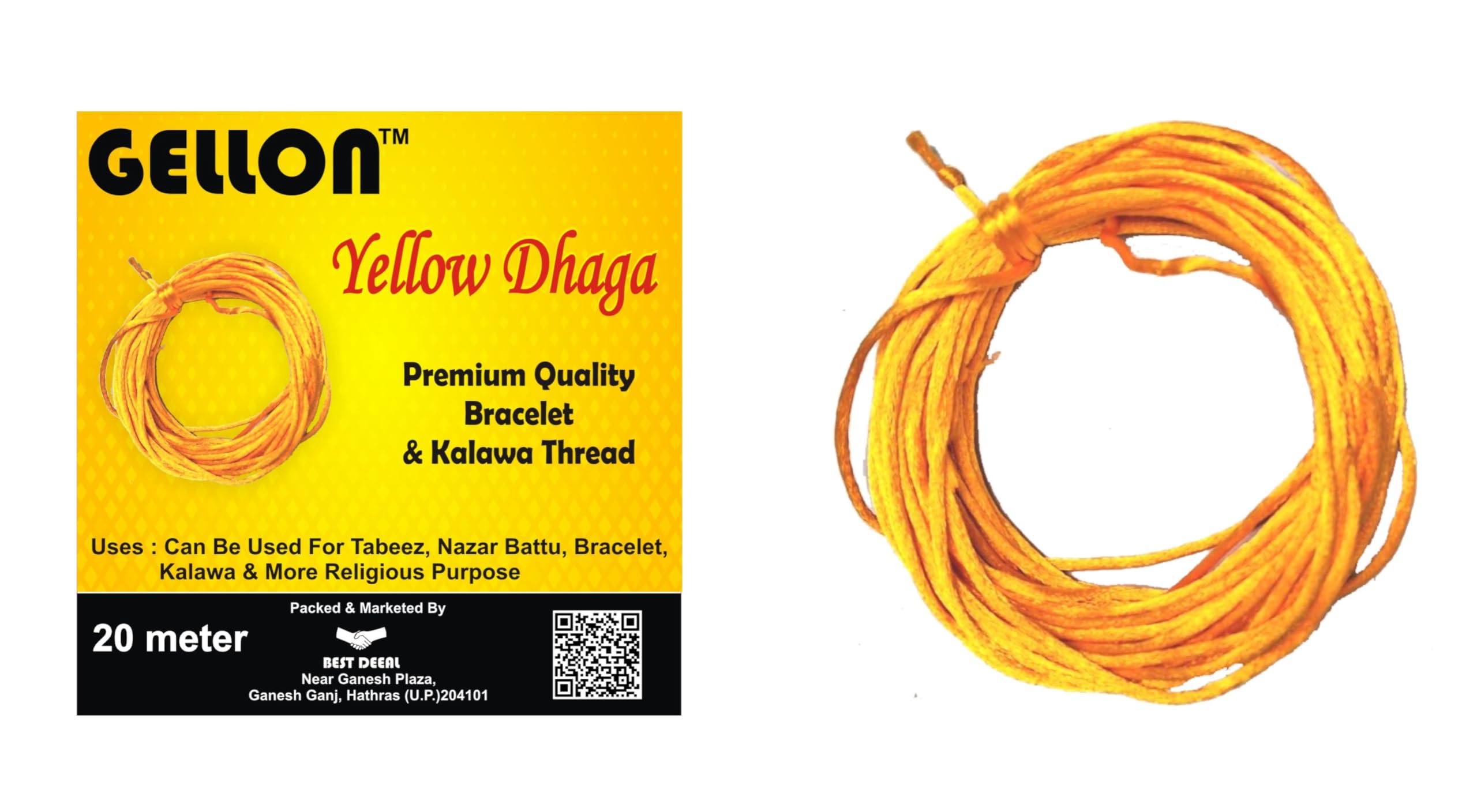 Gellon Yellow Kalawa, Moli, Mauli, Kalava, Sacred Thread Shudh Dhaga Yellow Color Malai Dori, Raksha Sutra for Kids Men, Women, Dora for Nazar Battu Bracelet Pack of (20 Meter)