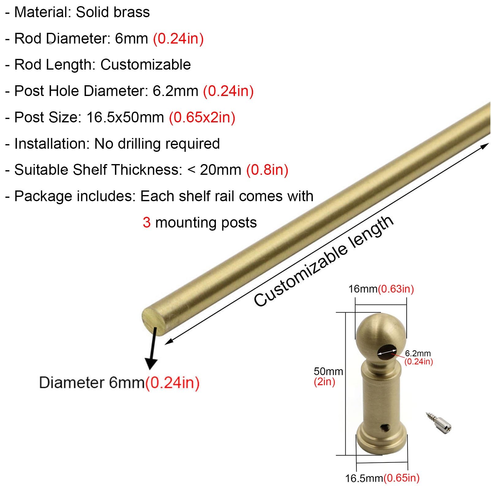Soportes de estante de latón macizo, ajustables individualmente, con 3 soportes de montaje, varilla de latón de 6 mm, varilla de soporte para librerías, armarios de cocina, despensas, baños y est