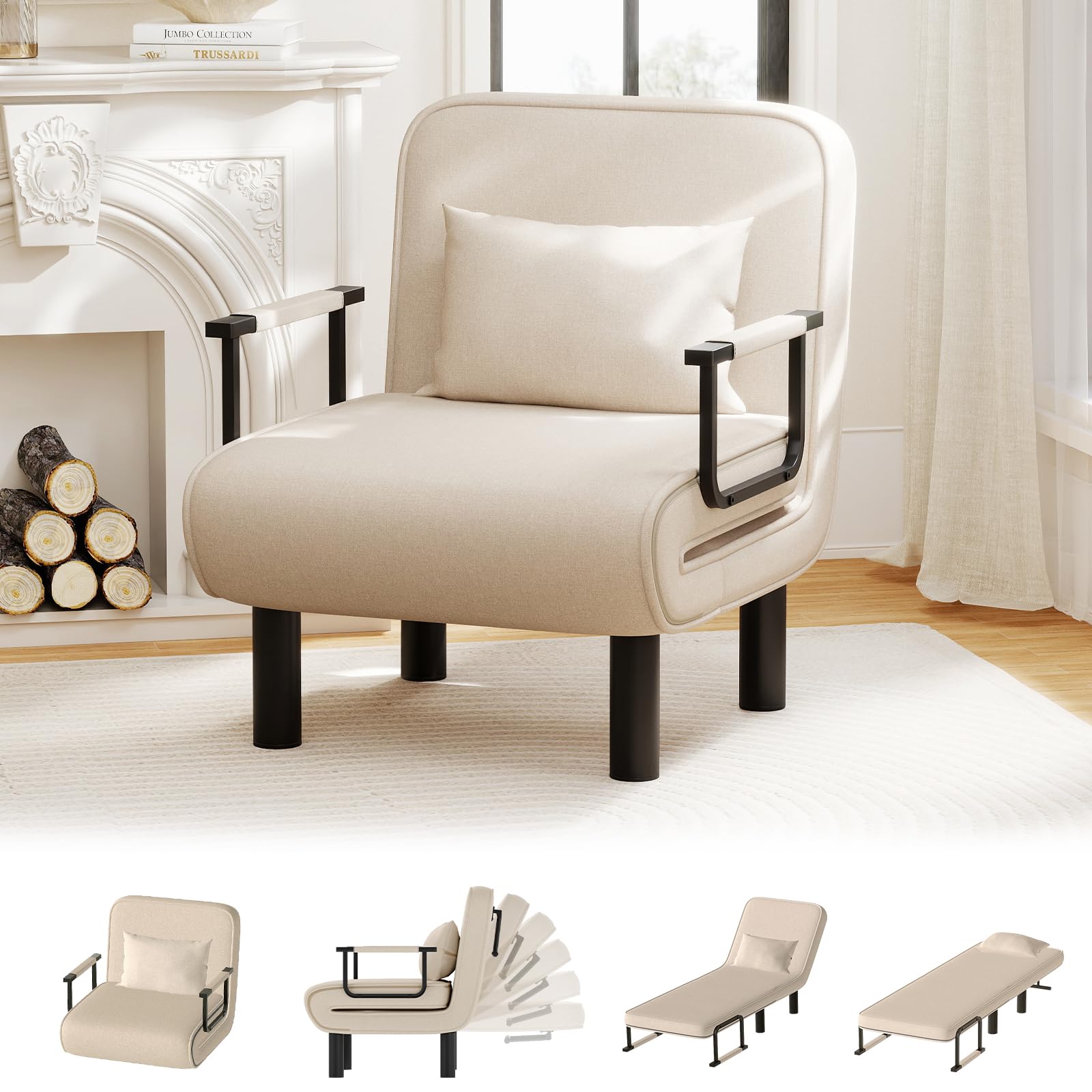 Chauffeuse Canapé-Lit 4-en-1, Chauffeuse 1 Place, Fauteuil Lit Convertible, Lit d'Appoint Chaise Longue avec Dossier Réglable en 6 Positions et Coussin pour Salon Chambre Bureau, Beige