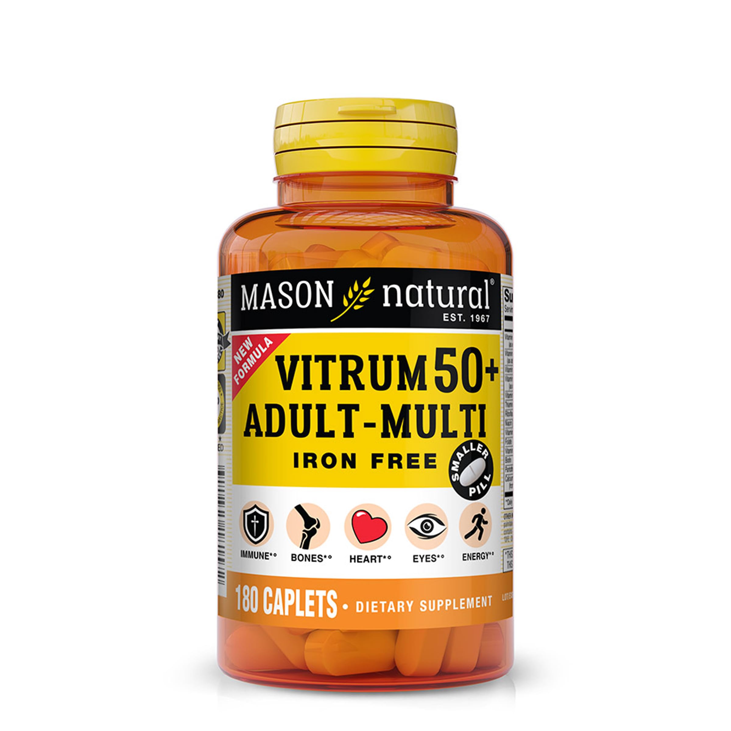 MASON NATURAL Vitrum 50 + Adult-Multi, Iron Free - Vitamins A C D E K B, Folate, Calcium, Iron, Zinc, Potassium, Magnesium, 180 Tablets