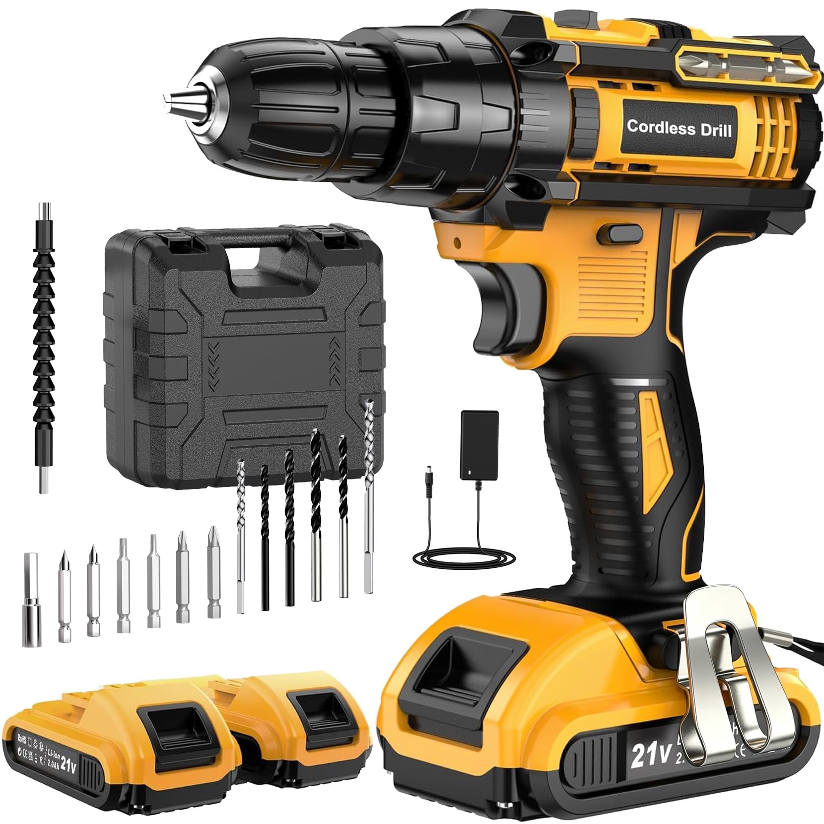Cordless Drill Driver 21V, Hammer Drill with 2 Batteries 2000mAh, 25+3 Torque, 42N.m Max Electric Drill, 19PCS Drill Bits, 2 Speed, LED Light for Home and Garden DIY Project 3-in-1 Hammer Drill