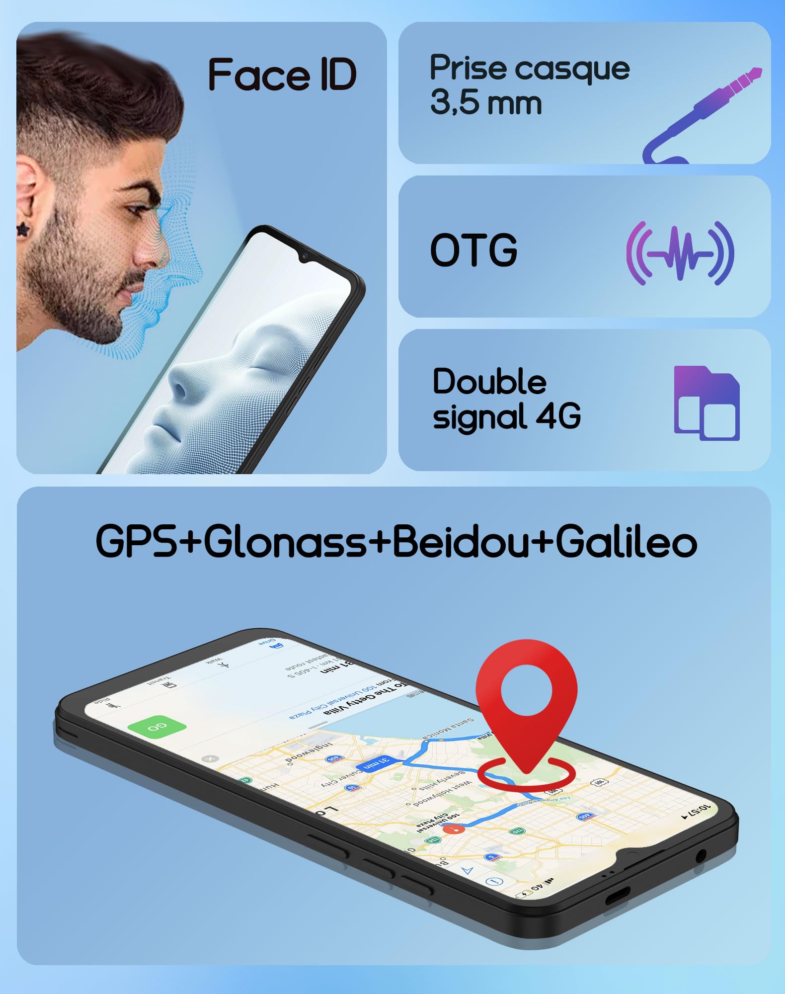 INVENS NOTE TK01 Téléphone Portable, 7(3+4)Go + 32Go(TF 256GB) Telephone Pas Cher, Écran 6.6"HD+, 16MP+5MP Smatphone, Batterie 4250mAh Android Telephone Portable, Double 4G SIM/OTG/Face ID/GPS, Bleu
