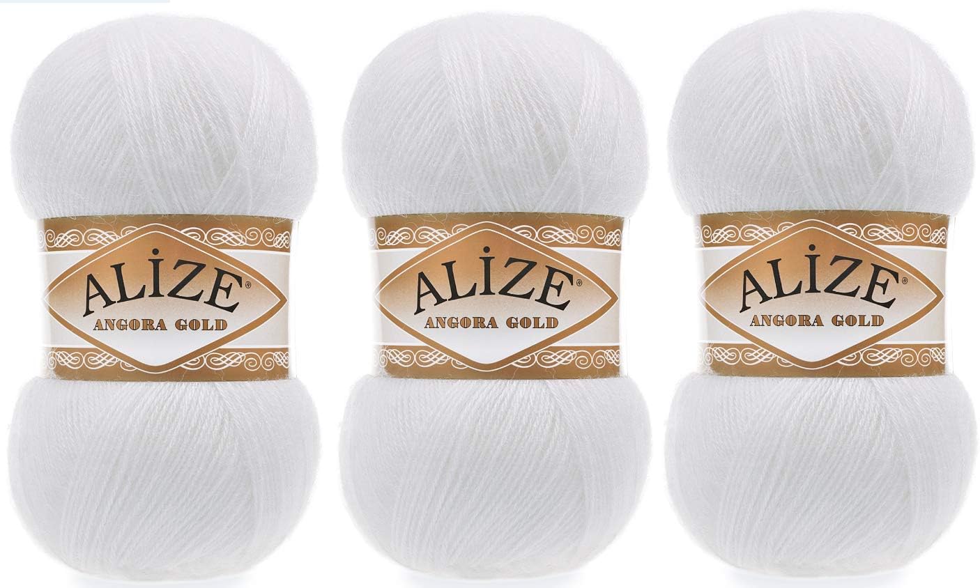 Angora Gold Yarn 20% Wool 80% Acrylic Lot of 3skn 300gr 1805yds Thread Crochet Lace Hand Knitting Turkish Yarn (55-White)