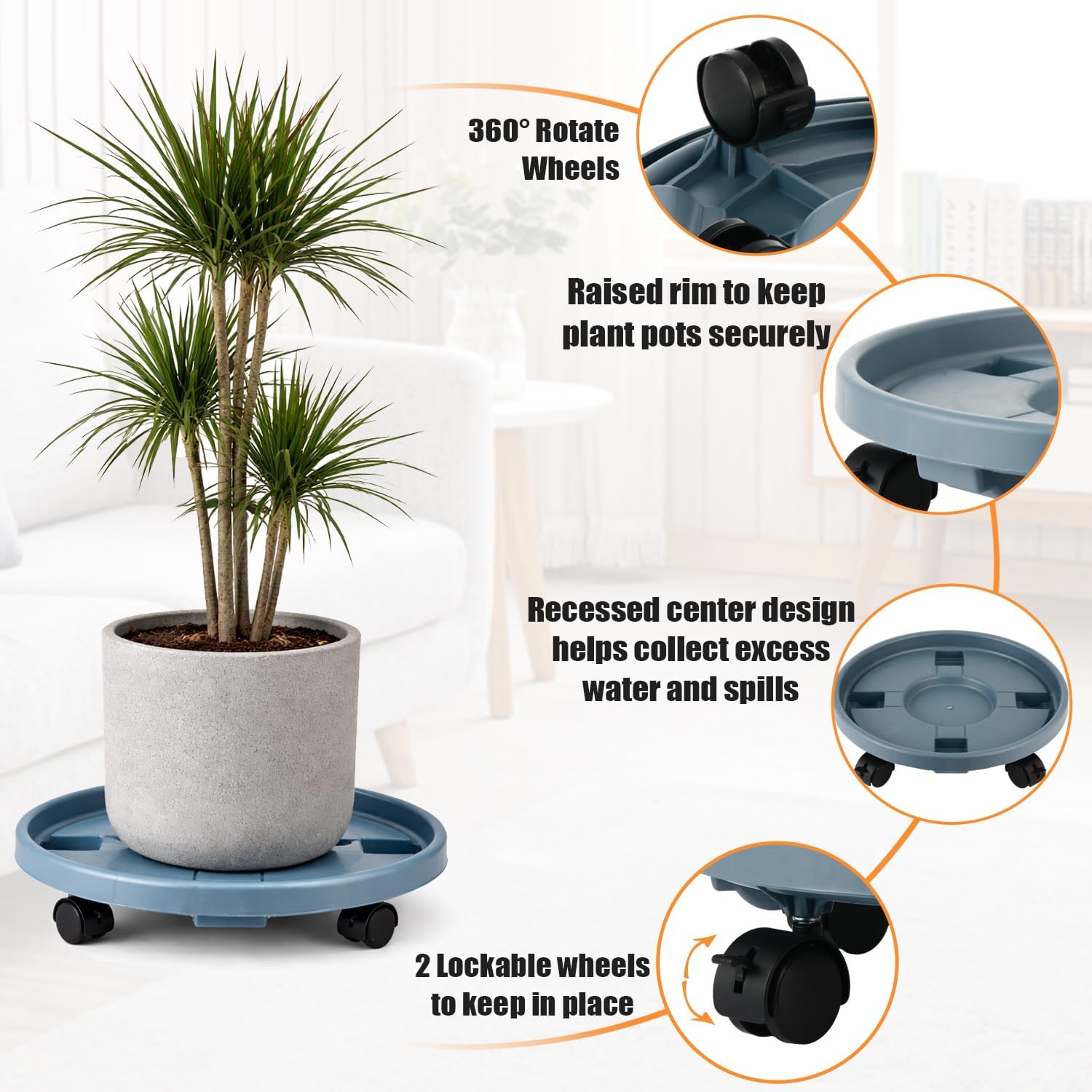 Party Zealot 5-Pack 11.8" Large Plant Caddy with Wheels Plastic Plant Dolly with Caster Flower Pot Mover Rollers Wheeled Rolling Plant Stands Round Plant Saucer Indoor Outdoor Base Coasters, Gray
