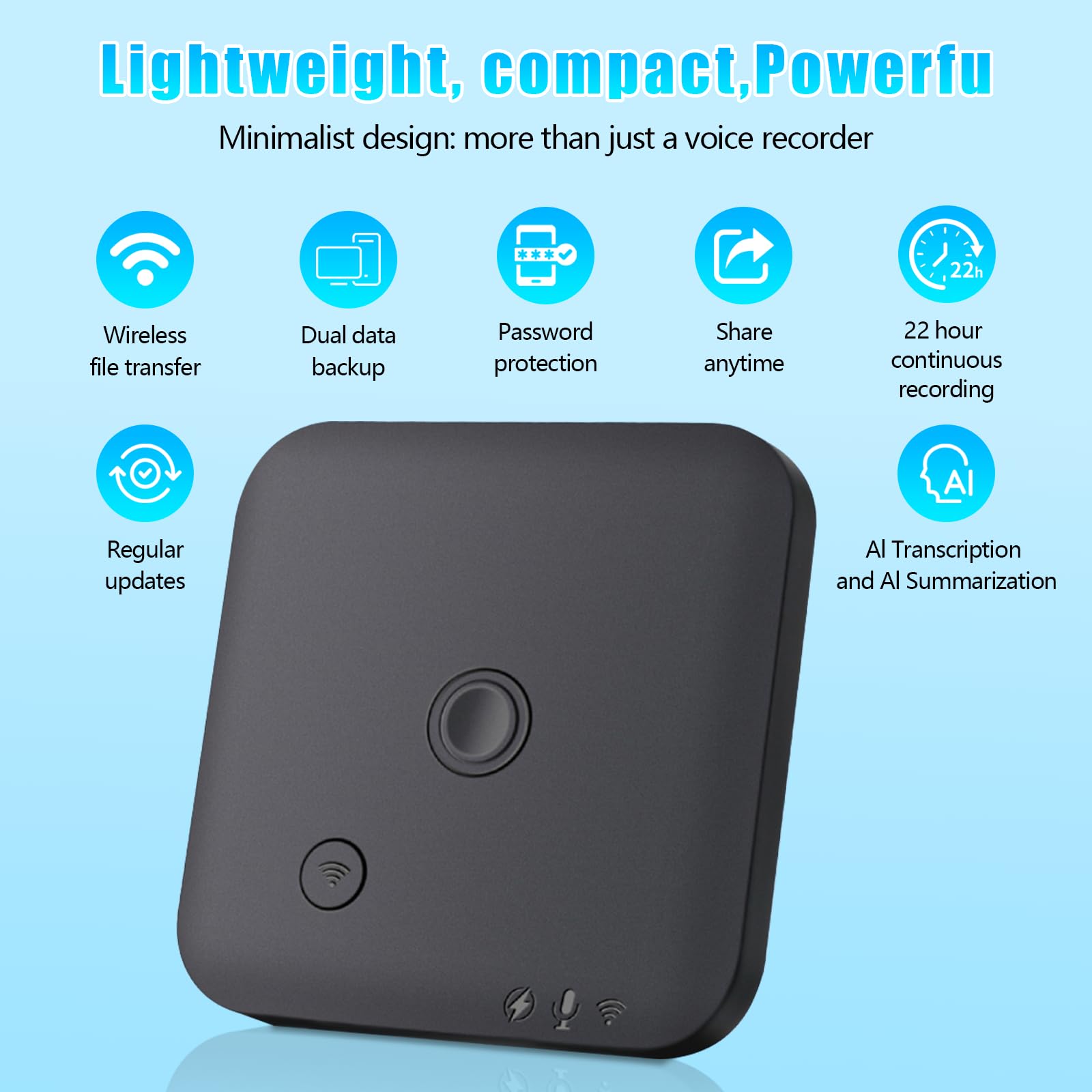 Grabadora de Voz AI 64GB - 1800 Minutos Gratis/Mes Transcripción y Resume Automática con ChatGPT 4o, Soporte para 102 Idiomas, Control por App, Ideal para Clases, Reuniones, Entrevistas y Llamadas