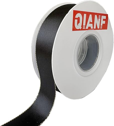 QIANF Cinta de satén negra de doble cara de 1 pulgada y 25 yardas con borde dorado para envolver regalos, ramo de flores, bodas, invitaciones,