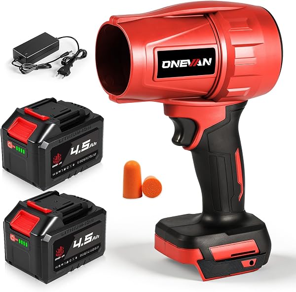 Souffleur de feuilles à batterie ONEVAN 600 km/h, moteur brushless 700 W, 2 batteries 4500 mAh, rouge