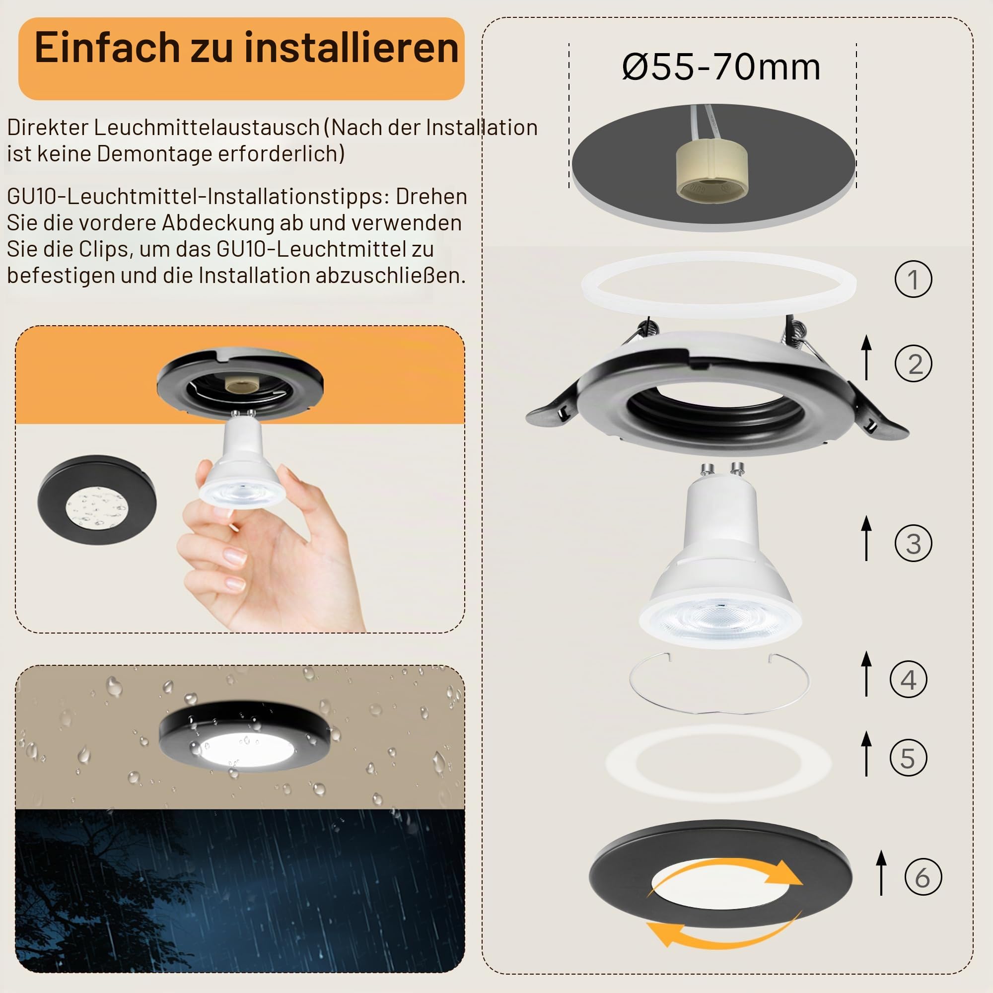 10er Set GU10 Einbaurahmen IP65 Wasserdicht, Einbaustrahler Metallgehäuse Rund Schwarz, Feuchtraum Einbauleuchten 55–70mm Lochmass, Bad Küche Deckenspot inkl. GU10 Fassung, Ohne Leuchtmittel
