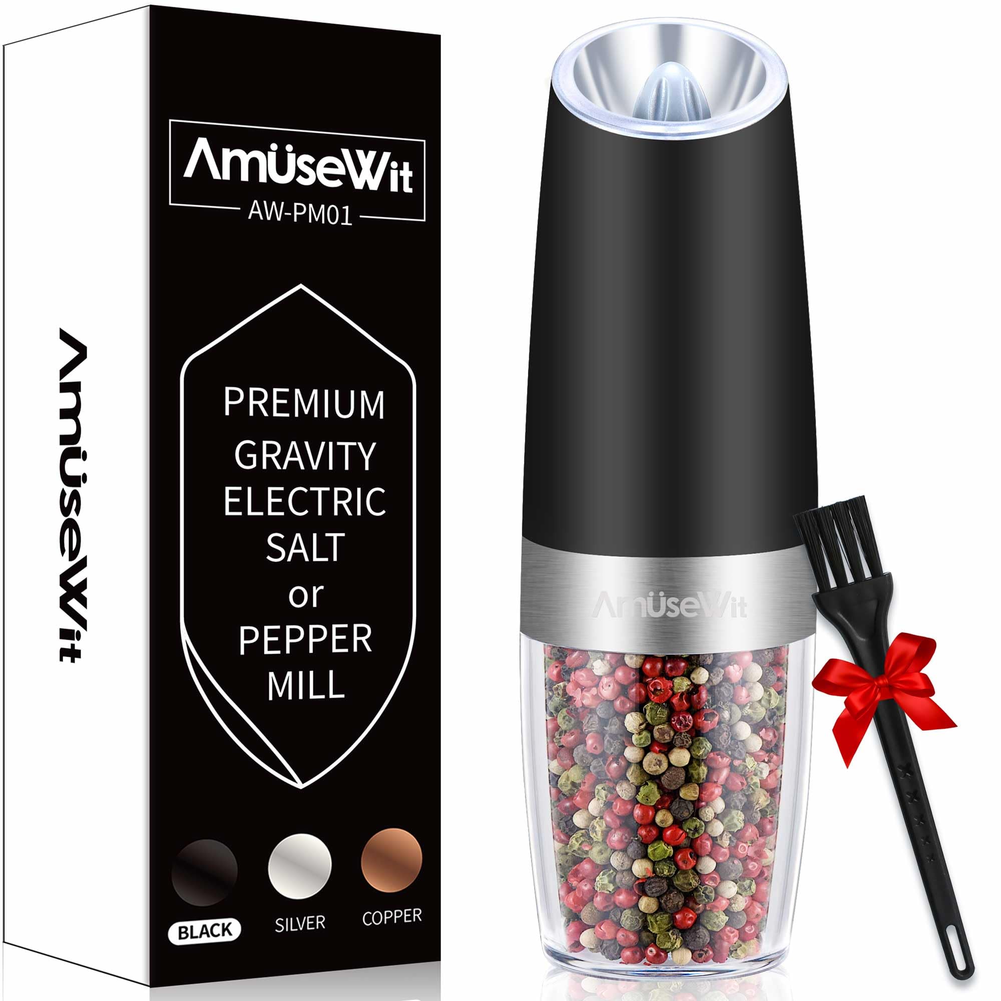 AmuseWit Electric Gravity Pepper Mill or Salt Grinder Mill [White Light] - Battery Operated Automatic Pepper Grinder with Light