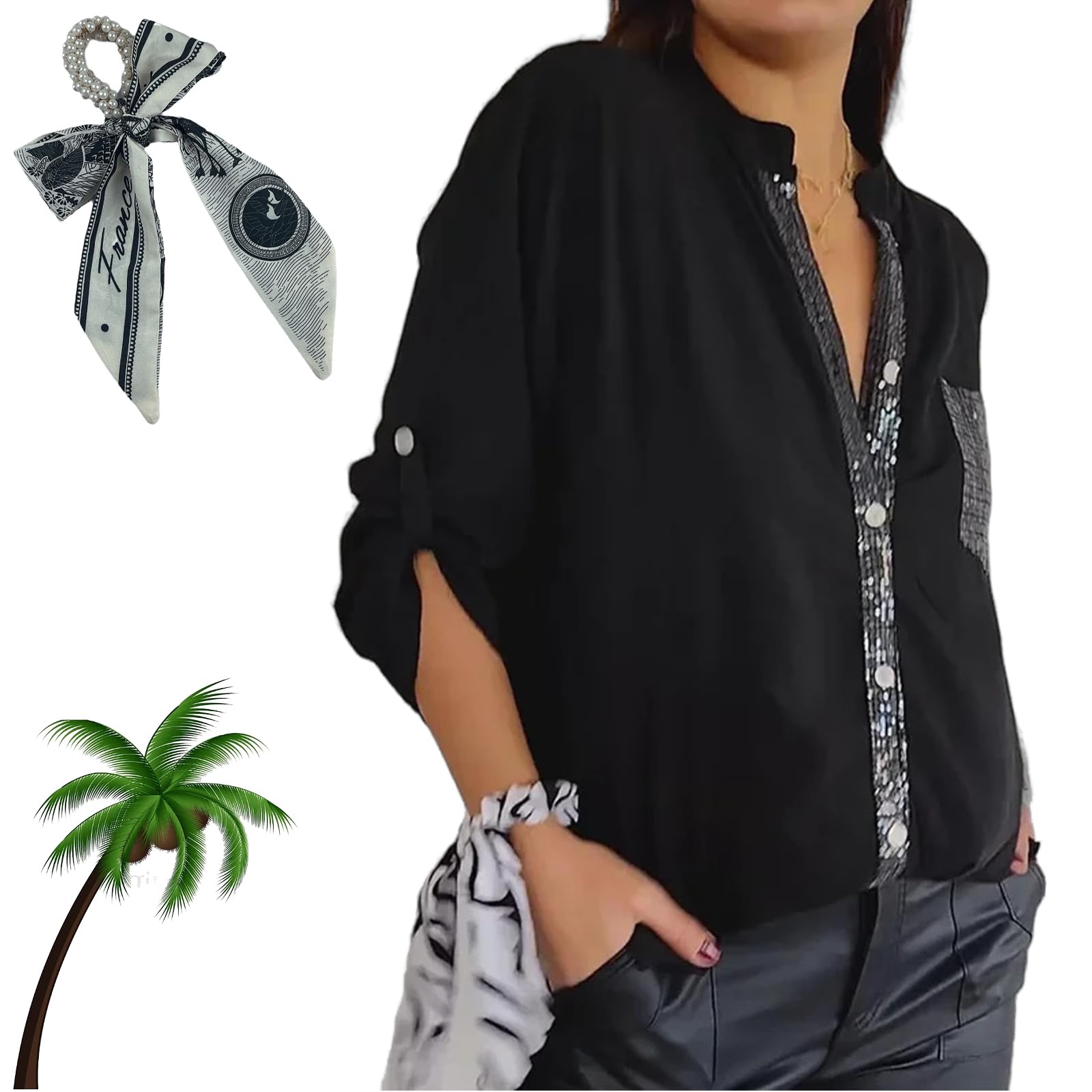 Polyester V-Neck Sequin Mid-Sleeve Casual Top, Cotton V-Neck Sequin Mid-Sleeve Casual Top, with Glitter Sequin