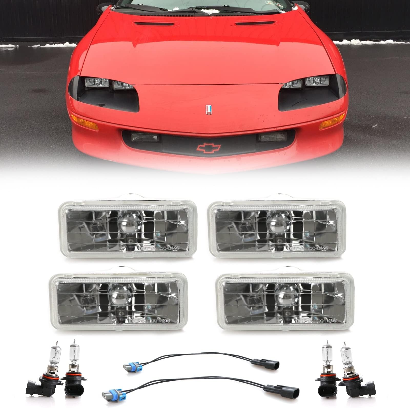 USR H4351 / H4352 Sealed Beam Headlights - Low + High Beam 2" x 5" Seal Beam Conversion Head Lamps Compatible with 1993-1997 Chevrolet Camaro (Euro Crystal Style 4 Pieces, with Bulbs and Wire Adapter)