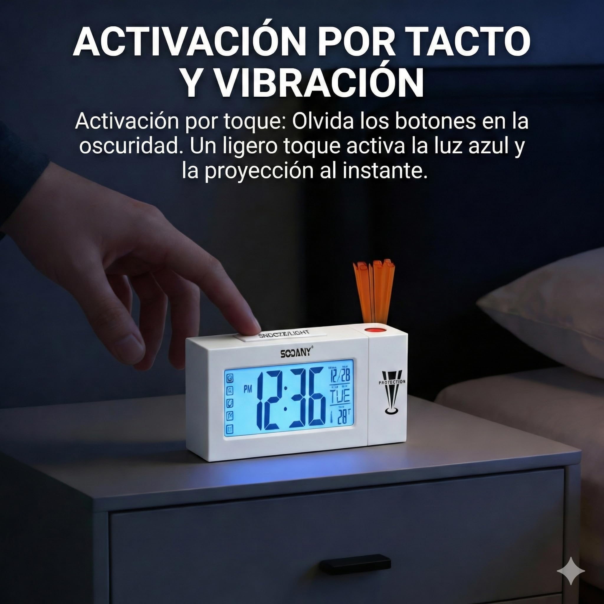 Despertador Proyector Techo Reloj Digital de Mesita Noche a Pilas con Pantalla LCD Grande, Luz de Fondo Activada por Tacto, Temperatura, Fecha y Alarma Snooze para Dormitorio Oficina (Blanco)