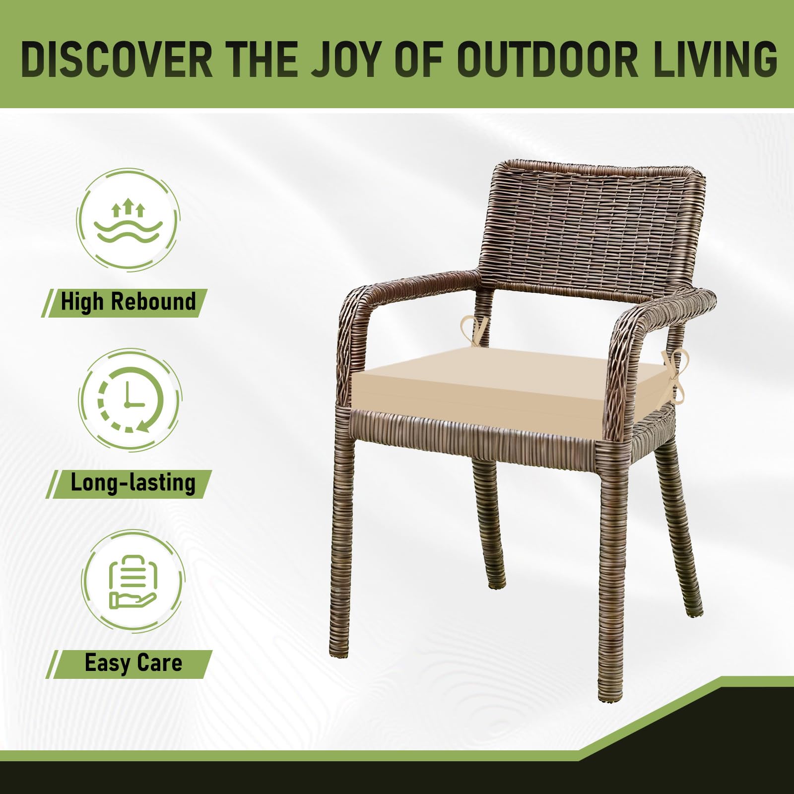 Basic Beyond - Lot de 4 Coussins de Chaise d'extérieur carrés imperméables avec Rubans - pour Meubles de terrasse - 47 x 40,6 x 7,6 cm - Beige