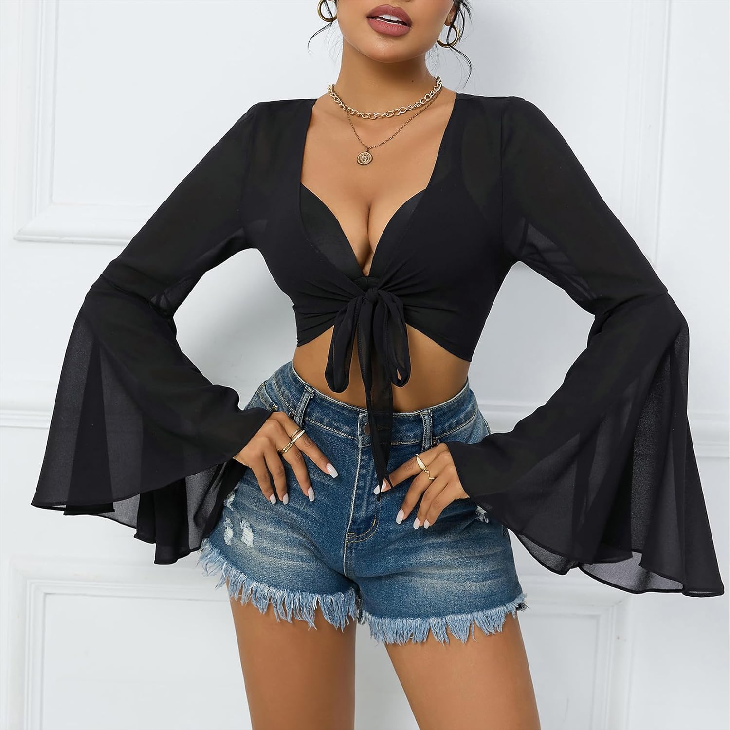 Mesh Tops for Women Bell Sleeve Rave Outfits Tie Front Crop Top Long Sleeve Shirt Sheer Blouse Festival - Image 3