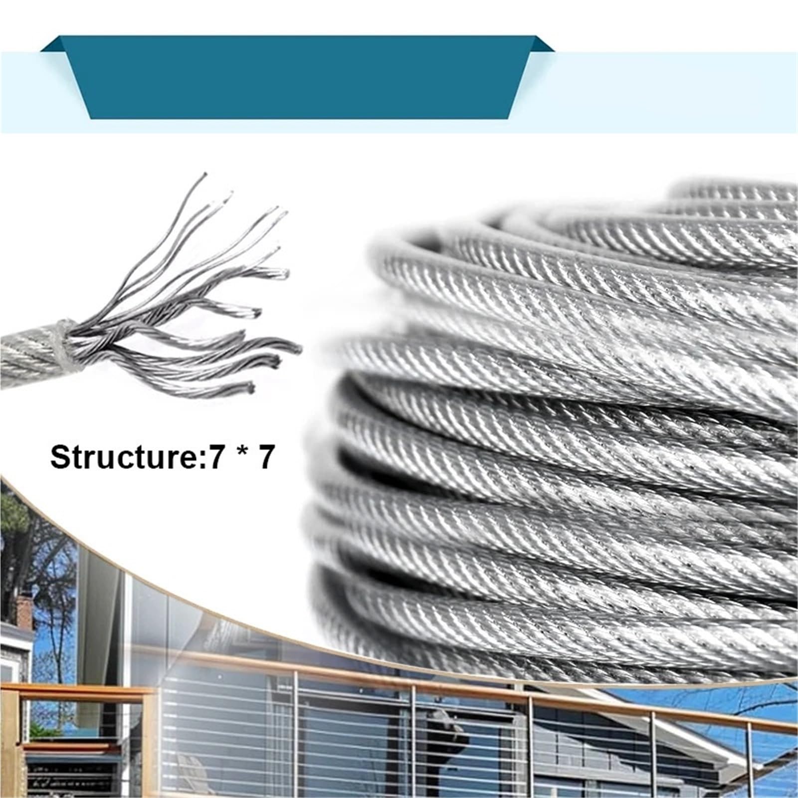 50,0 m 304PVC kunststoffbeschichtetes Drahtseil 7 * 7 Struktur Edelstahldrahtseil Beschichtetes Gummiseil Balkon-Wäscheleine
