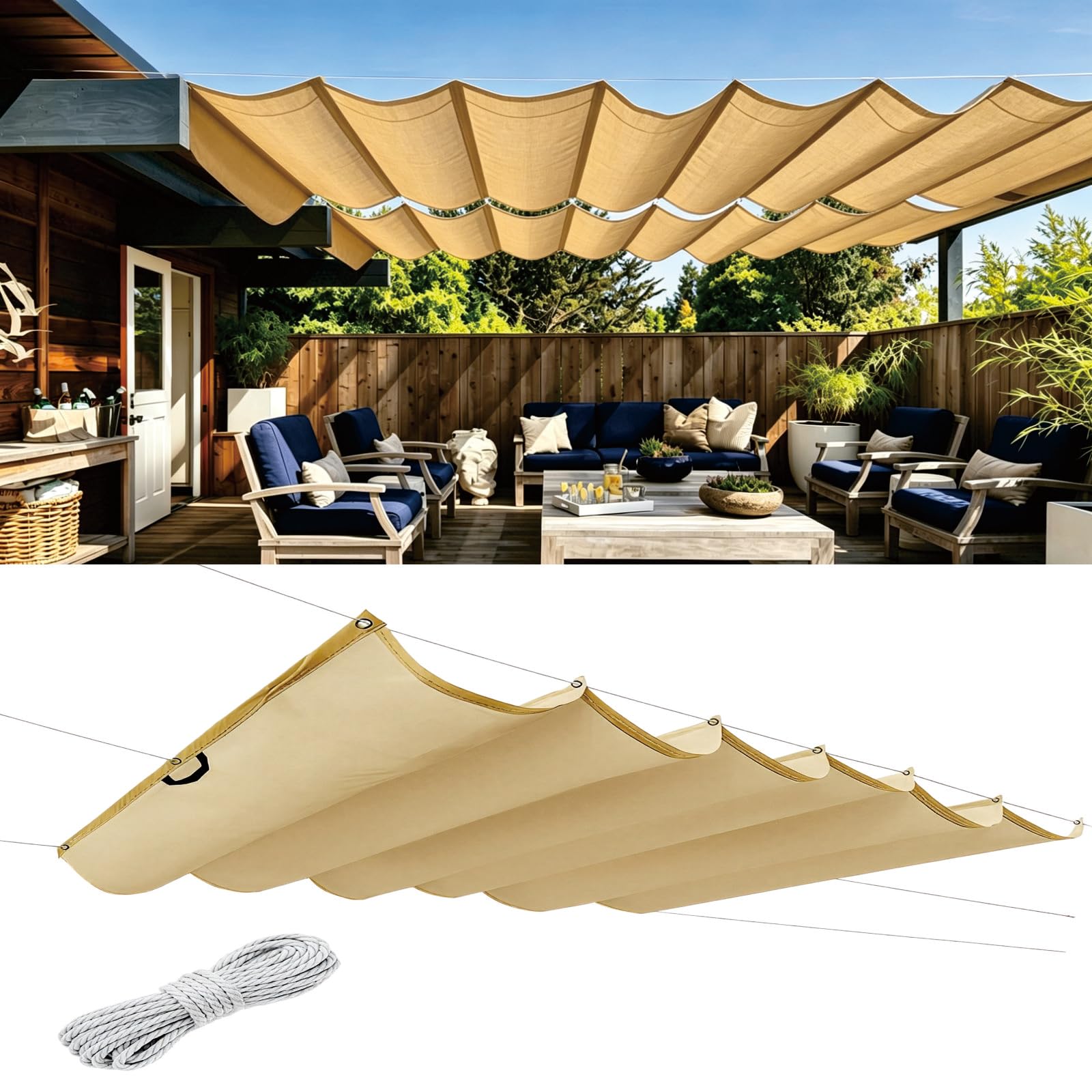 Voile d'ombrage vague rétractable 225x310 cm jaune sable en toile PES imperméable