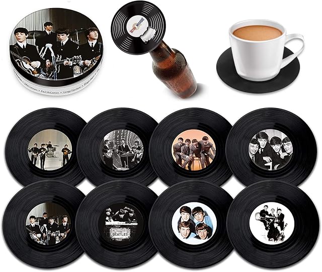 The Beatles - 8 Piece Mini Vinyl Record Coaster Set with Tin & Magnetic Bottle Opener by Retro Musique