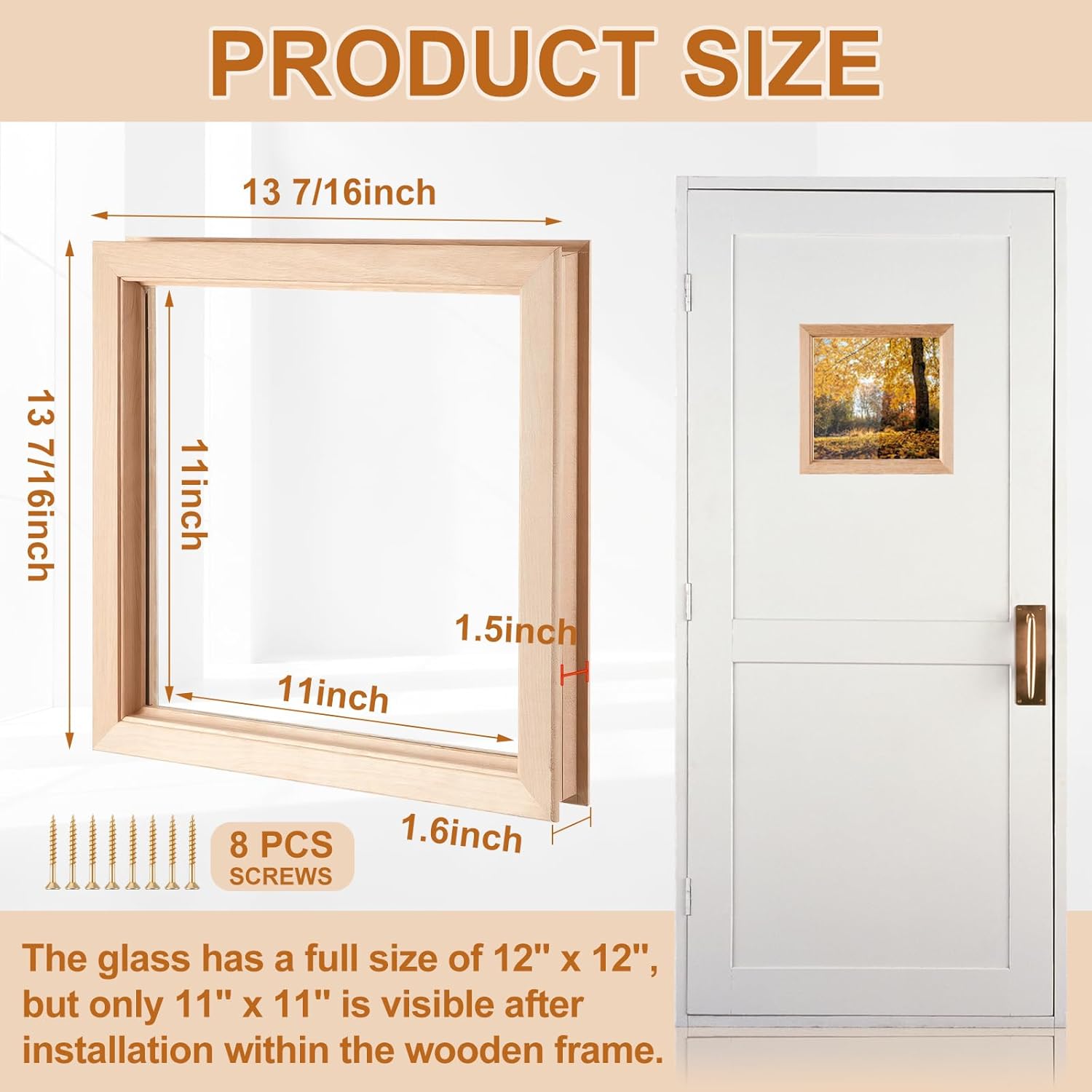 Blulu Glass and Wood Frame Insert for Interior Doors, Window Inserts Kit, Pre-Assembled Door Inserts with Clear Glass and Hardware for Easy Installation(1 Pcs,12 x 12 x 1 3/8 Inch)