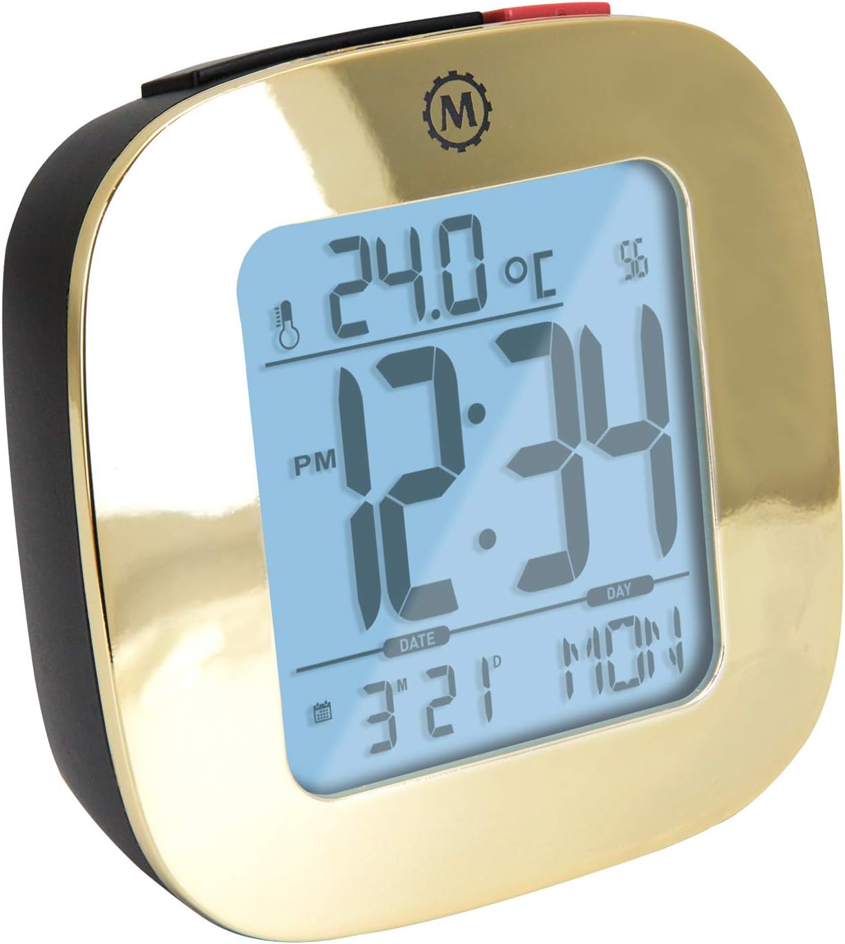 MARATHON Compact Alarm Clock with Temperature & Date, Gold - Large, Easy to Read Display with Backlight - Easy to Set Up & Use - Two AAA Batteries Included