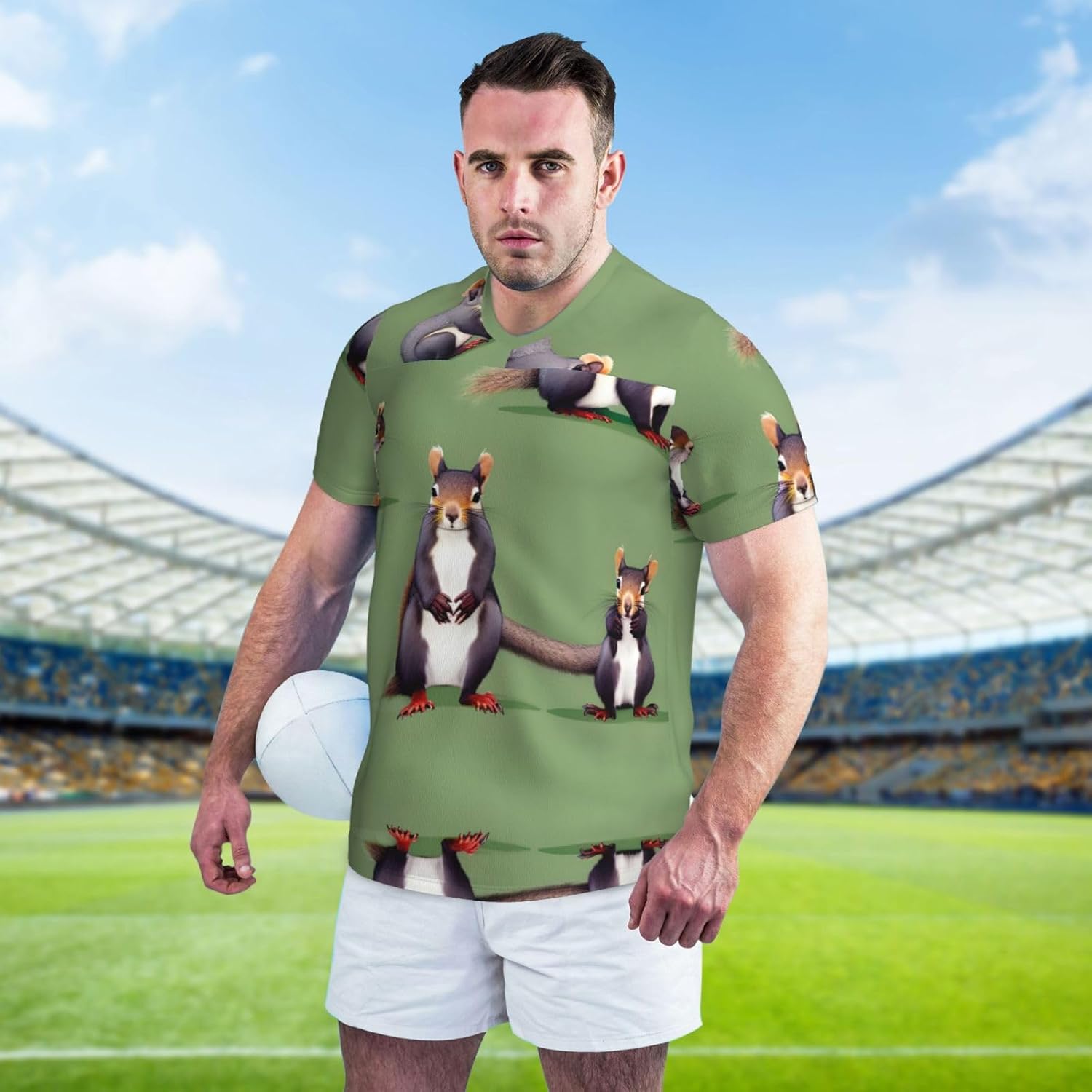 Red Squirrel Rugby Football Jersey for Men, Comfortable V-Neck Loose Fit Top for Team Sports Athletics