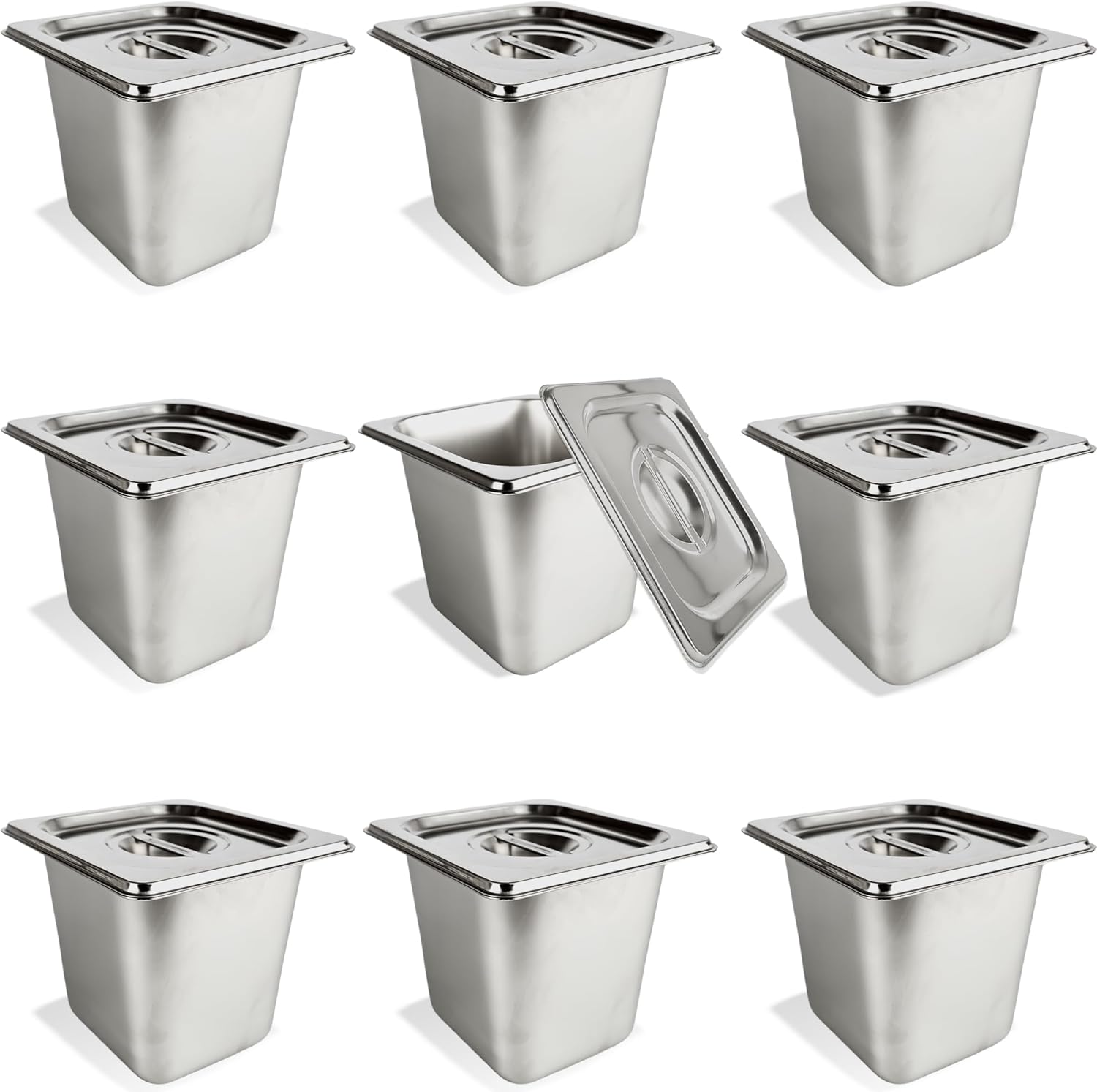 9 Pcs 1/6 Size 6 Inch Deep Restaurant Hotel Pan with Lids Stainless Steel Steam Table Pan Commercial Catering Metal Food Trays Warming Pans for Food Hotel Buffet