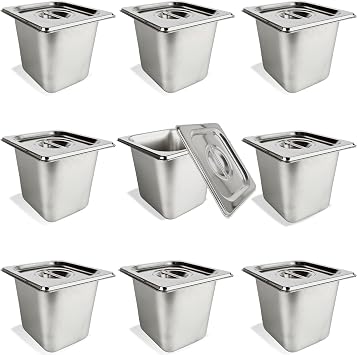 9 Pcs 1/6 Size 6 Inch Deep Restaurant Hotel Pan with Lids Stainless Steel Steam Table Pan Commercial Catering Metal Food Trays Warming Pans for Food Hotel Buffet
