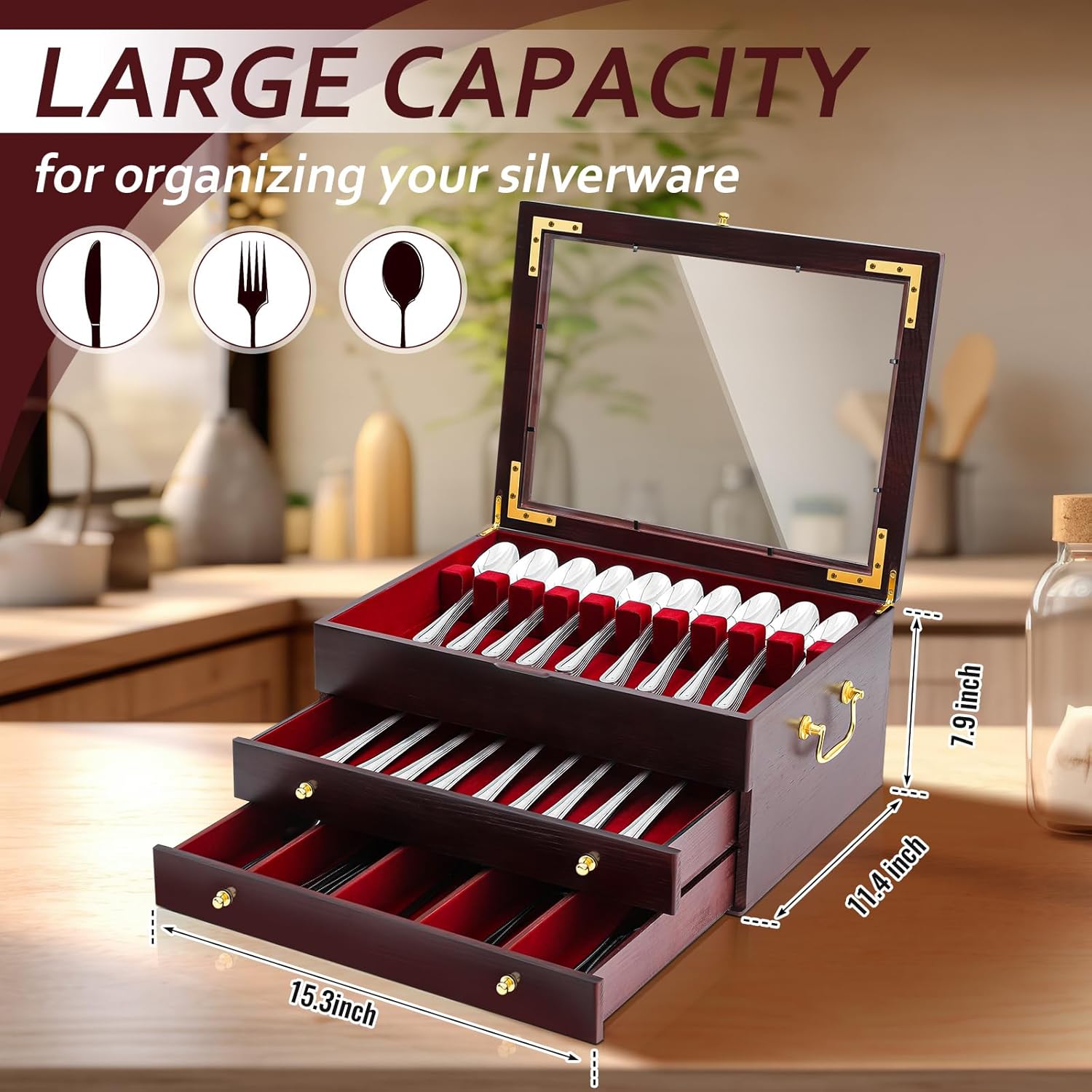 Novabright Wooden Silverware Storage Box, Silverware Chest Case with Glass Lid Flatware Organizer with Handle Felt Lined for Flatware Utensils Home Decor Gift(3 Layer) - Image 2