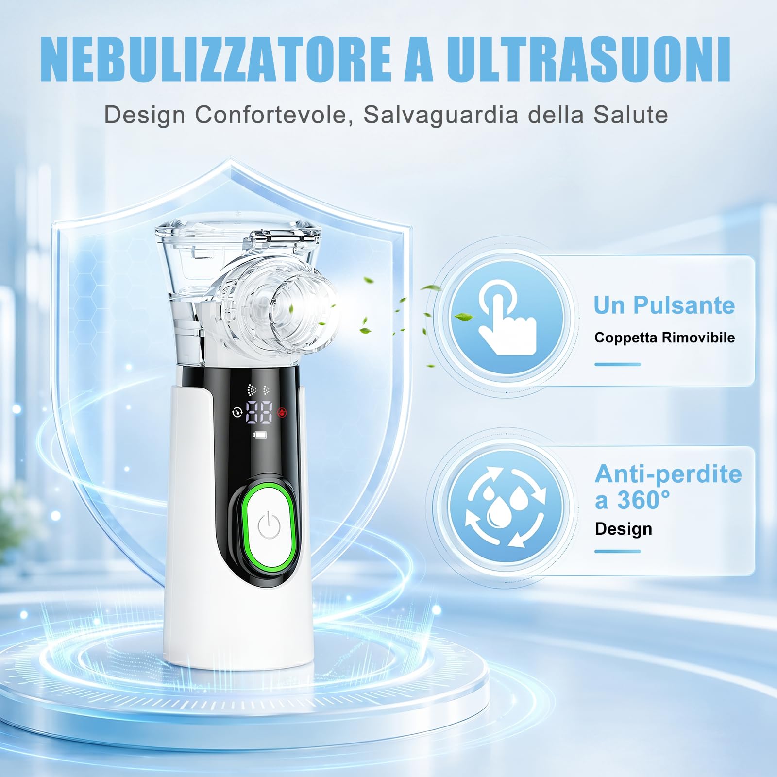 Mistara Aerosol Portatile Silenzioso per Adulti e Bambini - Macchina Aerosol con Schermo LED e Visualizzazione del Tempo Upgrade, USB-C Ricaricabile, Auto-Pulizia, Maschere e Boccaglio, Mesh ≤5μm