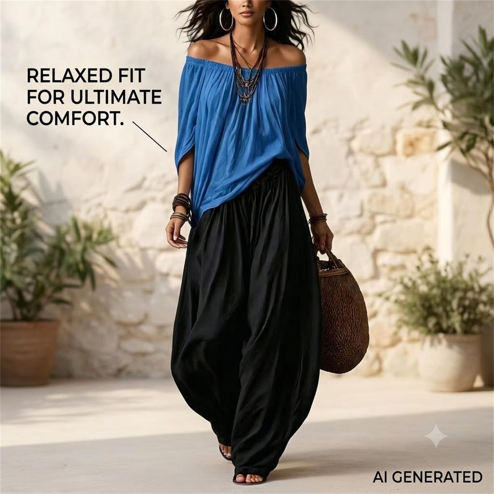 Women 2 Piece Outfits Off Shoulder 3/4 Sleeve Top and Loose Harem Pants Set