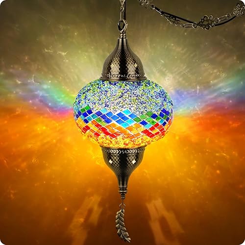Miniatura 13 de Yarra-Decor Lámpara colgante turca marroquí con cable de 15 pies, exquisita lámpara de techo de mosaico estilo Tiffany para dormitorio, sala de