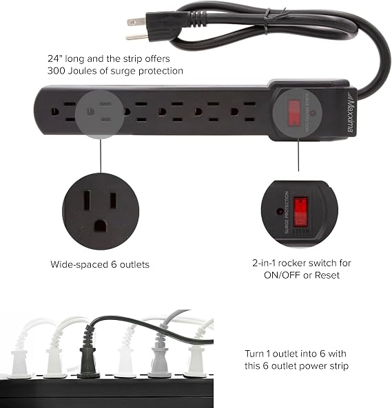 Maxxima 4-Pack 6 Outlet Power Strip Surge Protector - 300 Joules, Features Red On/Off Switch, Powers Multiple Electronics and Devices Simultaneously, Perfect for Home Appliances - Black