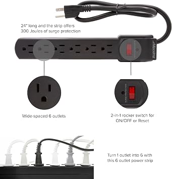 Maxxima 4-Pack 6 Outlet Power Strip Surge Protector - 300 Joules, Features Red On/Off Switch, Powers Multiple Electronics and Devices Simultaneously, Perfect for Home Appliances - Black