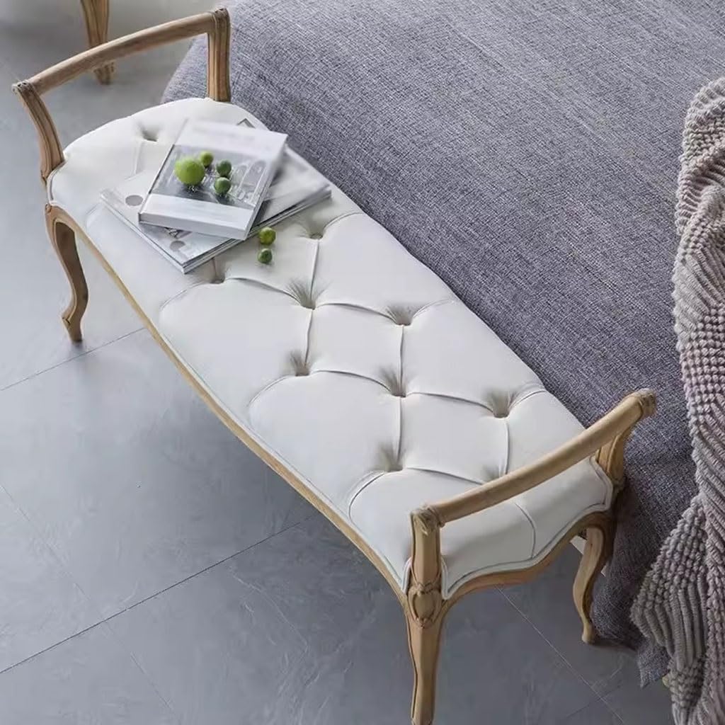 Bancs pour Chambre À Coucher Tabouret De Chevet Rétro Campagnard en Bois Massif Sculpté, Chêne, Couverture Souple, Salon, Canapé À Langer Pouf De Chambre À Coucher