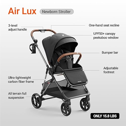 Miniatura 5 de MAMAZING Air Lux - Cochecito de bebé, marco de fibra de carbono resistente y solo 15.8 libras, cochecito infantil con moisés y portavasos, asiento