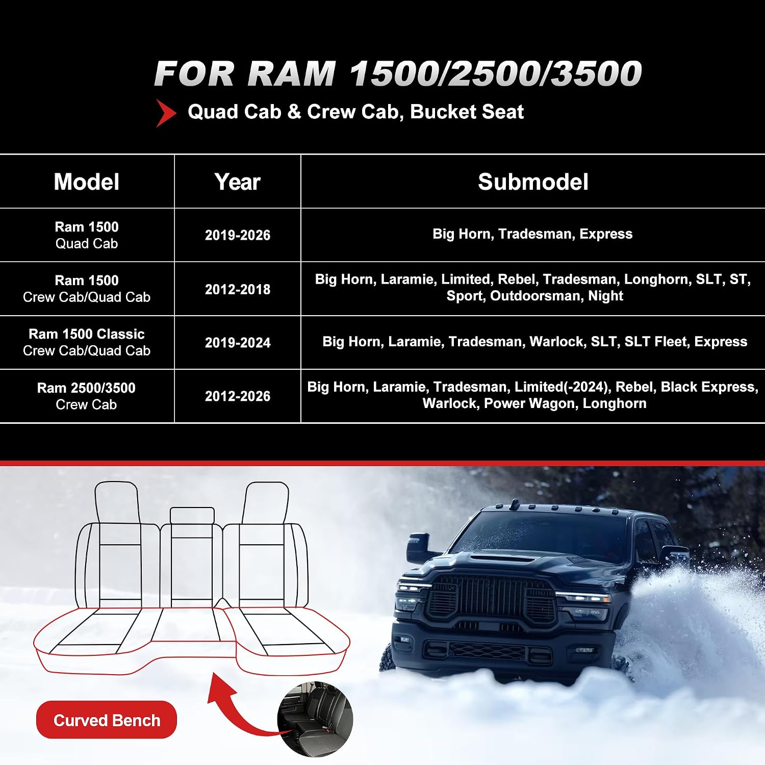 TTX for Dodge RAM 1500 2500 3500 2012-2025 2026 Seat Covers - Seat Cushion Cover with Durable Faux Leather and Curved Bench(Full Set/Black&Dark Grey)