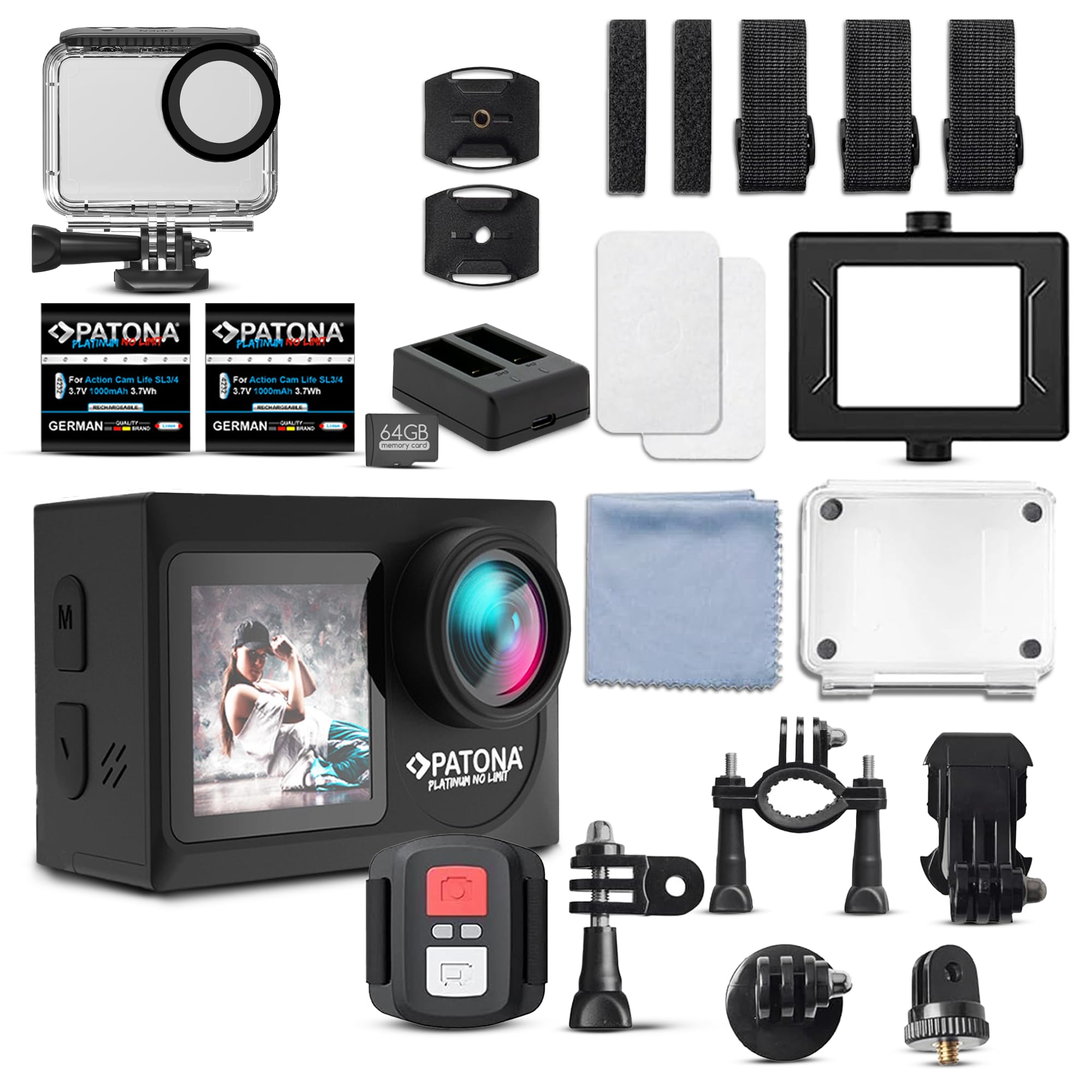 PATONA Action Cam Life SL4 | 5K 120fps 64MP EIS | 120° Weitwinkel Videokamera | Dual Screen Kamera | Fernbedienung | Bis 30m Unterwasserkamera | Lautsprecher |6G Akkus+Dualladegerät+64GB Karte+Zubehör