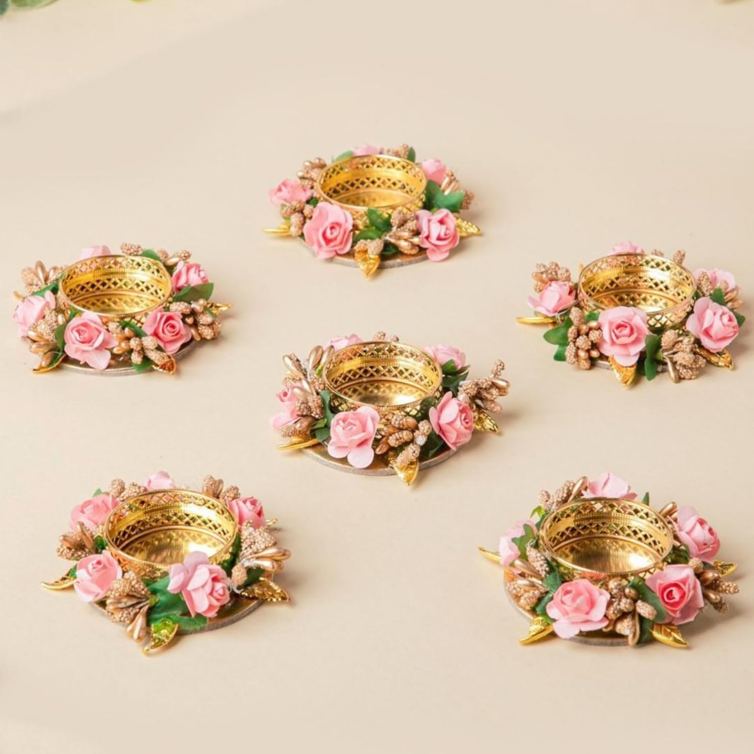 Urban Turtle Rose Flower Tea Light Holder Set of 6, Diwali Decoration Items for Home Decor, Diya for Puja, Pink & Gold Diya Holder for Puja & Diwali Gift-image-12
