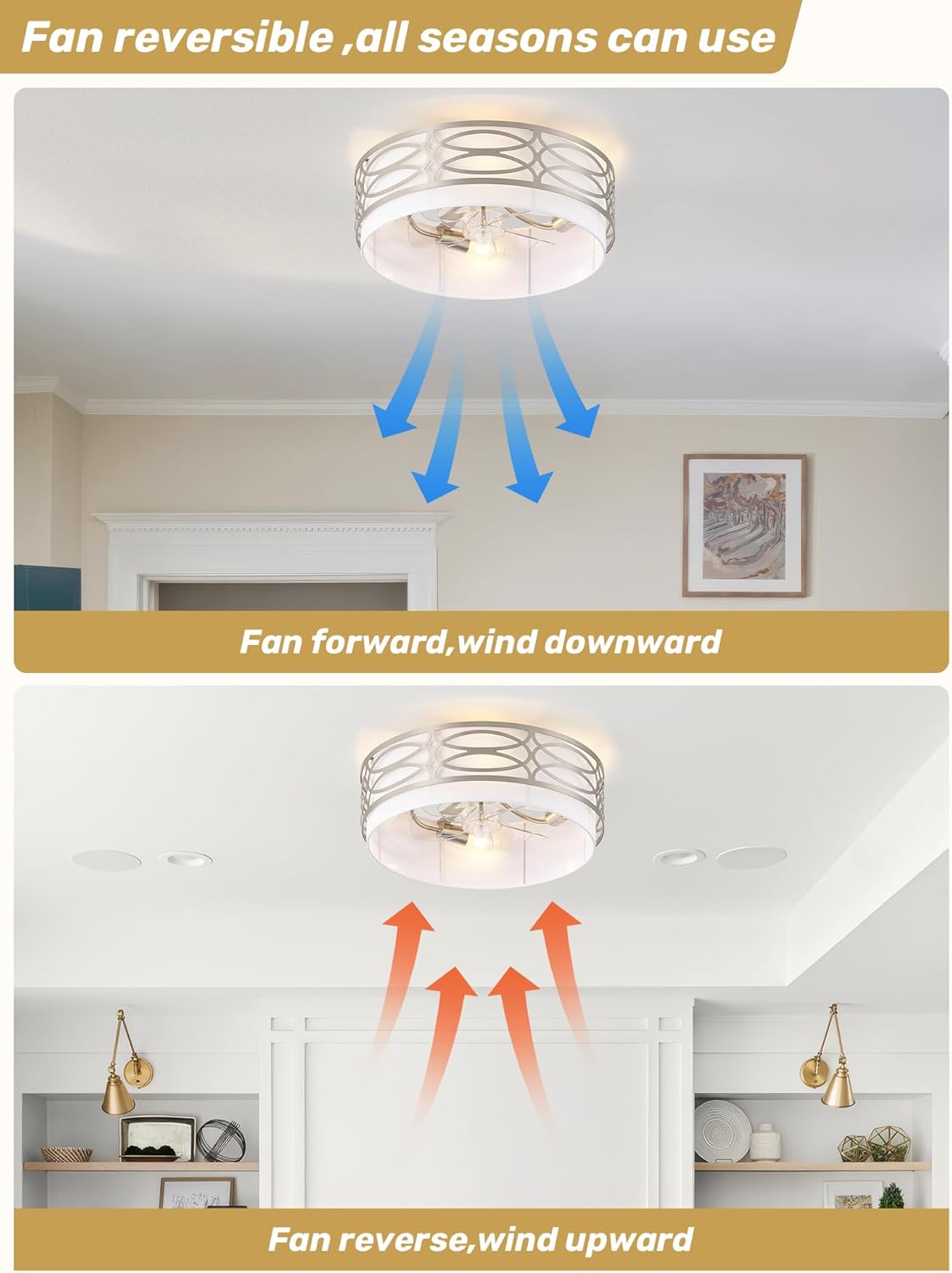 20" Silver Flush Mount Ceiling Fan with Light, Caged Boho Ceiling Fan with Lights Remote Control with 6 Speeds for Bedroom, Living Room, Nursery
