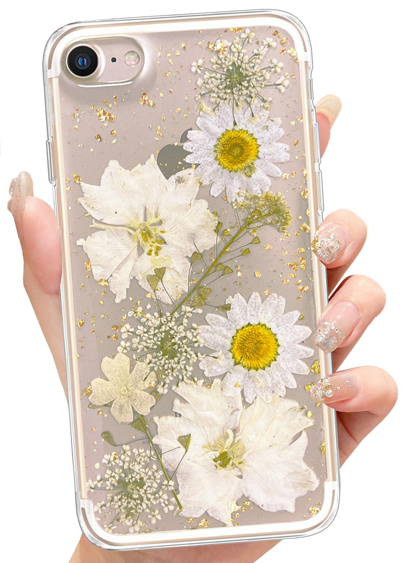Abbery for iPhone SE Case 3rd/2nd/2020, iPhone 8/7 Case Clear Floral Pattern Cute Design Glitter&Sparkle Real Dried Pressed White Flower Slim&Thin