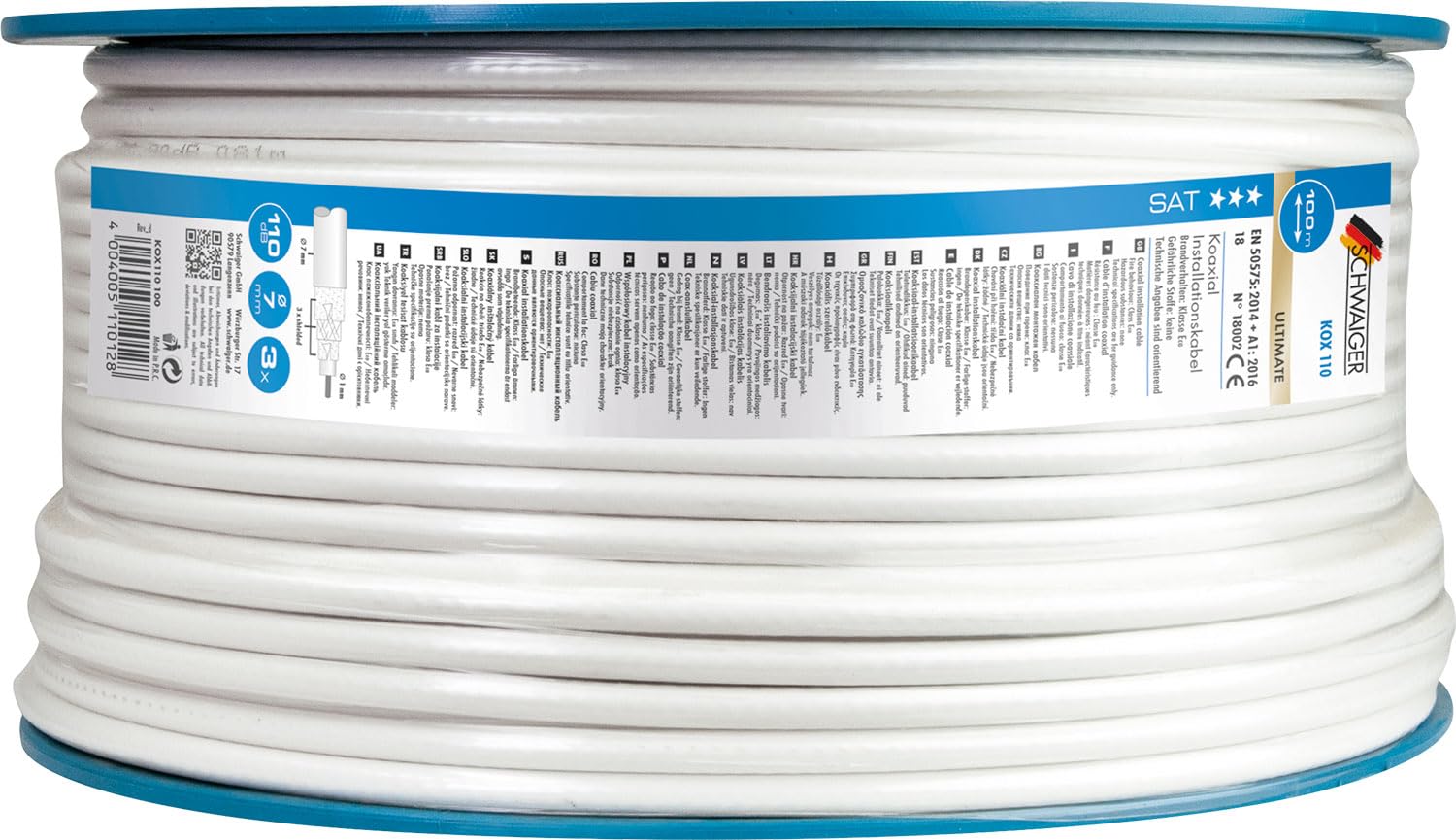 SCHWAIGER KOX110 100 - Cavo antenna satellitare, 100 m, cavo coassiale HDTV DVB-T2, 110 dB, 75 Ohm, schermatura tripla