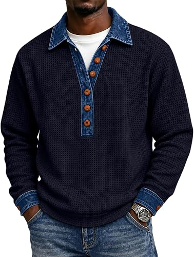 Long Sleeve Polo Shirts for Men Waffle Knit Patchwork Jean C