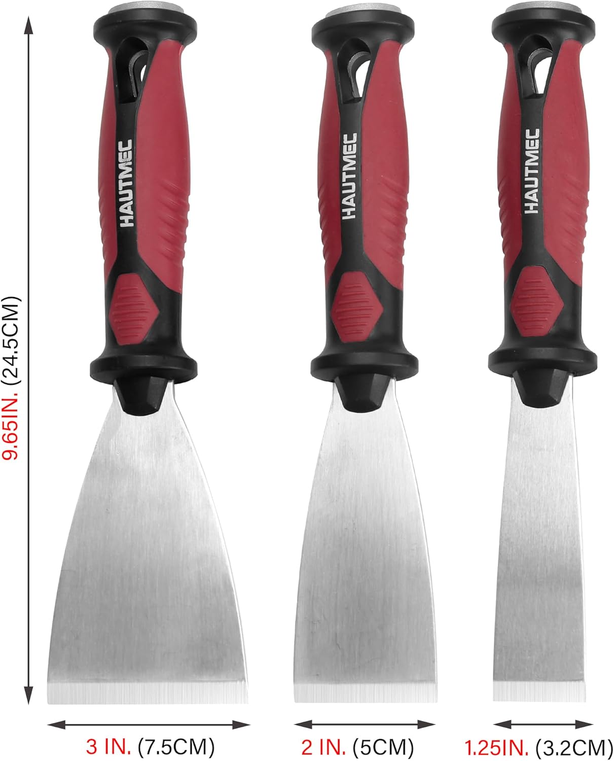 HAUTMEC 3pc Putty Knife Set, 1.25 in - 2 in - 3 in Paint Scraper, Flat Heavy Duty Stainless Steel Blade and Hammer End for Removing Wallpaper for Puttying Plaster, Cement HT0062-PT
