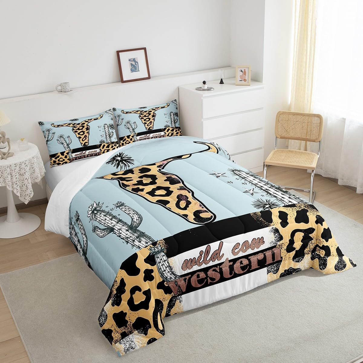 Leopard Print Cow Skull Comforter Set Cartoon Cute Desert Cactus Plants Bedding Set for Kids Teens Adults Western Cowboy Boho Tribal Style Comforter Duvet Set with 1 Pillowcase Twin Size 2 Pcs