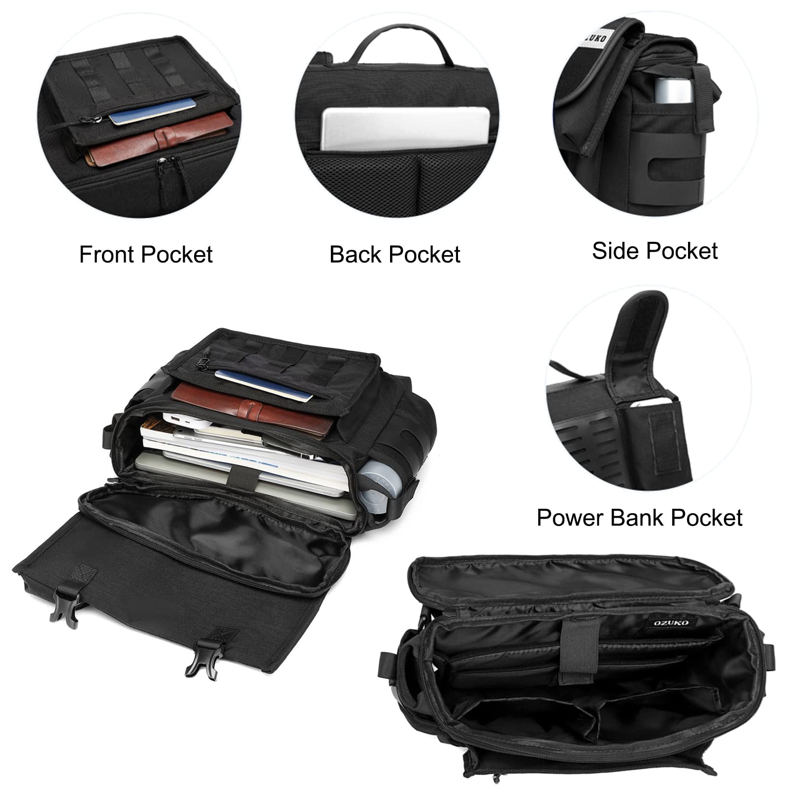 FANDARE Umhängetasche Herren Arbeitstasche Aktentasche Tragetasche Junge Schultertasche Männer Laptoptasche für 12.9 Zoll mit Multi-Tasche für Reise Schule Hochschule Arbeit Schulranzen Schwarz