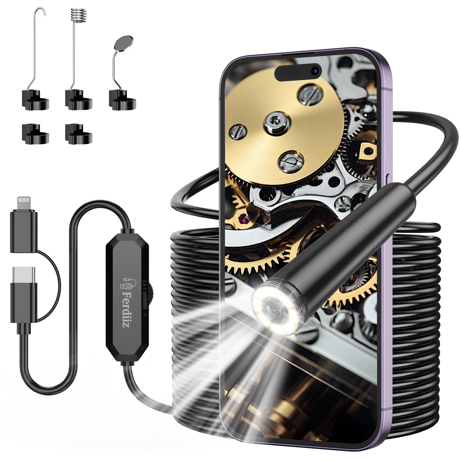 Endoskopkamera mit Licht, Ferdiiz 1920P HD Endoskop-Kamera Handy mit 8 LED, Wasserdichtes IP67 Inspektionskamera, Kein WLAN Erforderlich Kanal-Kamera für Android & iOS, Tablet - 32.8 ft/10 m
