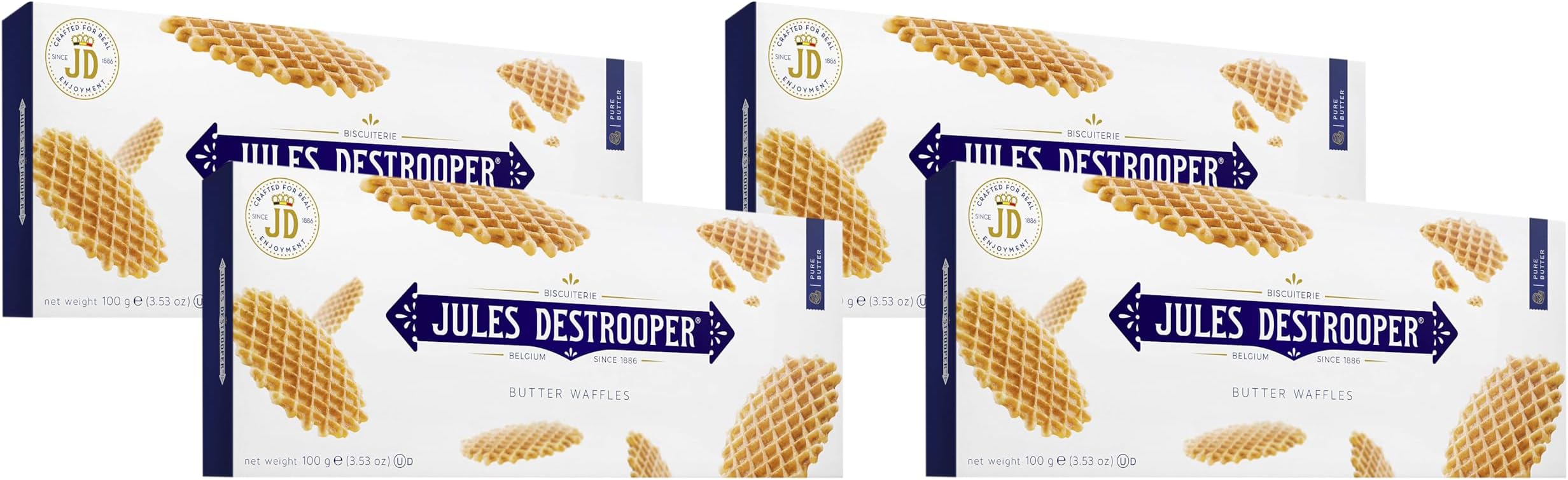 Jules Destrooper Biscuit Butter Waffles, Box of Authentic Belgian Vanilla Waffle Biscuits, Luxury Biscuits Gift Set, 100 g (Pack of 4)