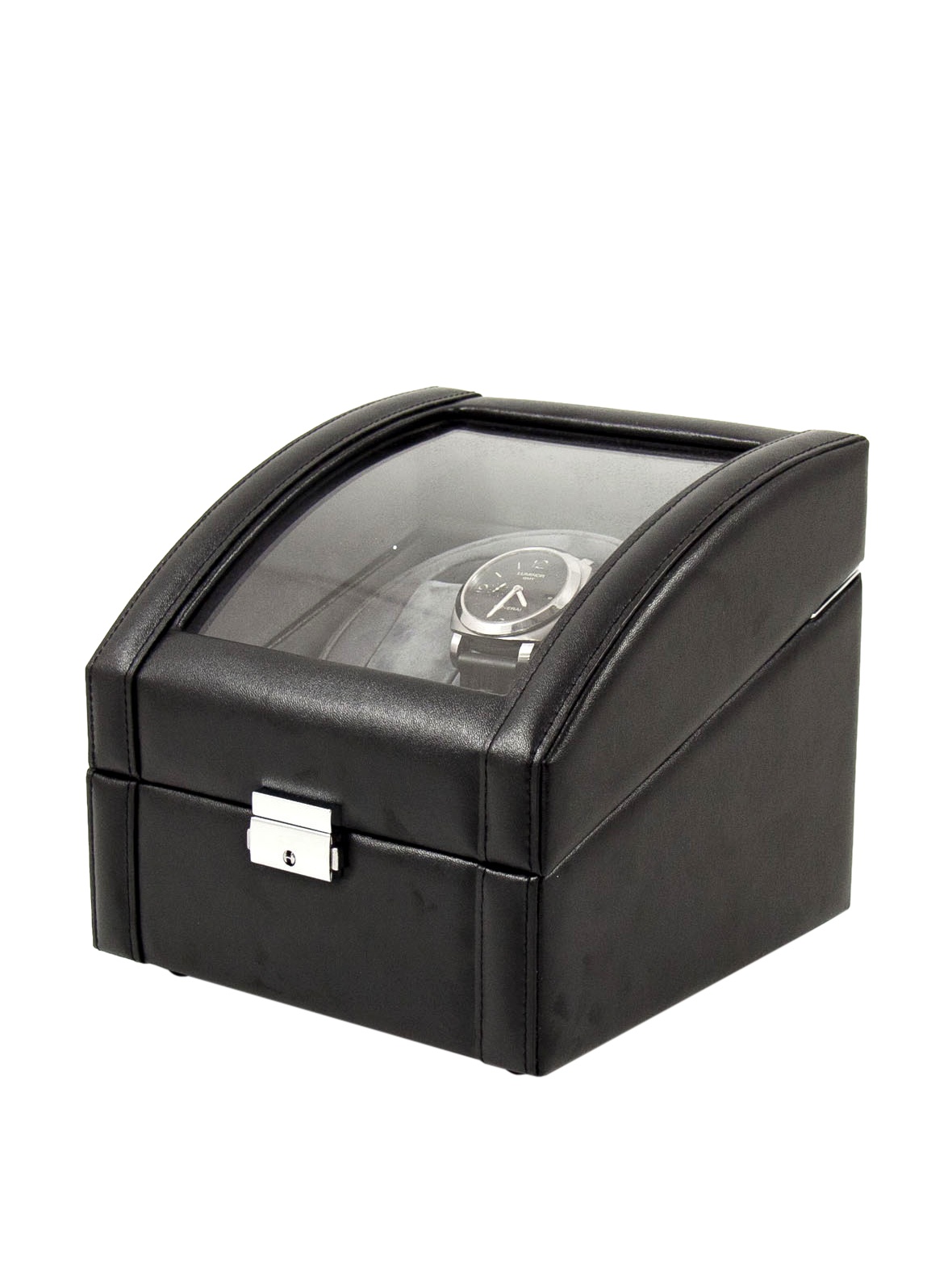 Bey-Berk BB585BLK Black Leather Winder with Glass Top and Locking Clasp. Includes 2 Watch Pillows for Large and Small Wrist Sizes, 7.5x6.5x7.5