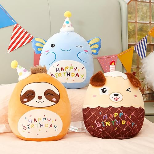 Miniatura 6 de Almohada de felpa suave de 14 pulgadas con diseño de pastel de cumpleaños para perro, lindo animal de peluche con forma de estrella y guiño,