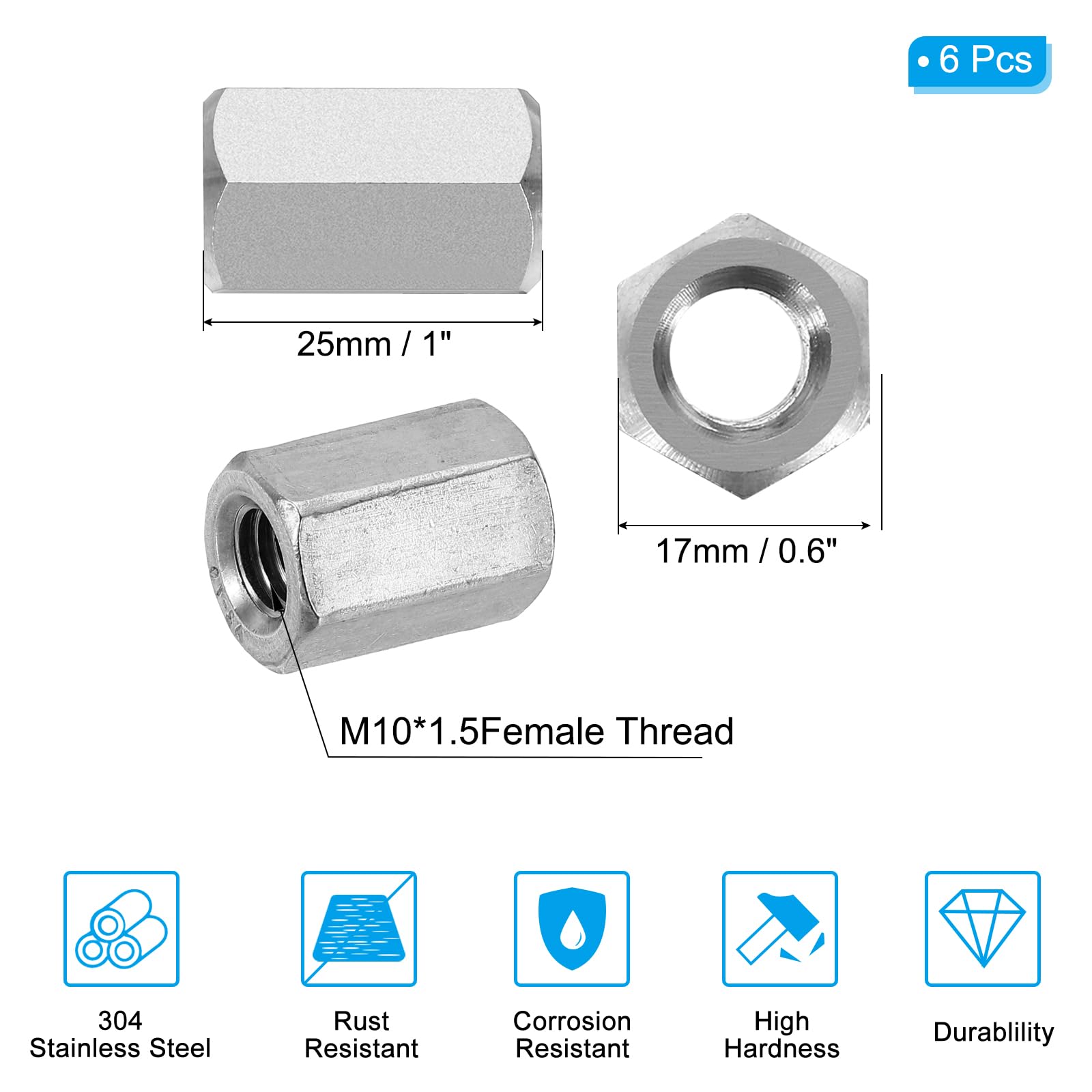 PATIKIL M10 x 1.5-Pitch 304 Stainless Steel Hex Coupling Nuts - Image 2