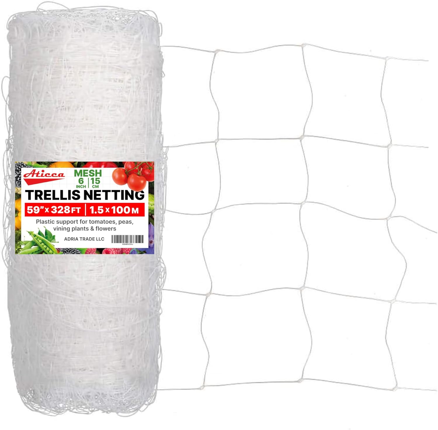 Plastic Trellis Netting 59" x 328 ft Heavy Duty Plant Support Netting White - 6 Inch Garden Trellis on Roll - Mesh for Growing Vine Climbing Plants, Flowers, Peas, and Cucumber